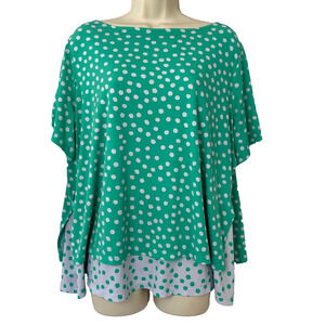 Susan Graver Liquid Knit Top Womens 1X Polka Dot Split Sleeve Layered Green Gray